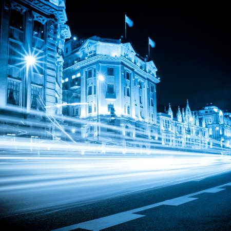 the light trails on the bund at night in shanghai,Chinaの写真素材