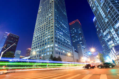 light trails on the street in beijing at duskの写真素材