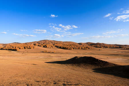 beautiful pasture and hills under blue sky in autumnの写真素材