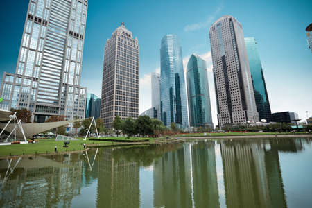 modern greenbelt park in shanghai financial center districtの写真素材