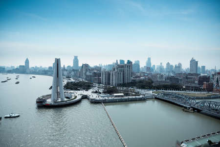 overlooking the bund and huangpu park in shanghaiのeditorial素材