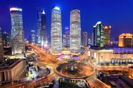 shanghai lujiazui financial center in the evening,view from the oriental pearl tv towerのeditorial素材
