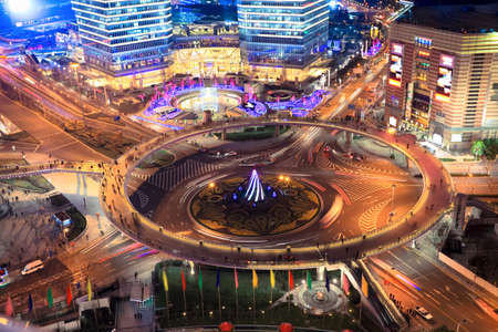 roundabout in shanghai downtown at nightのeditorial素材