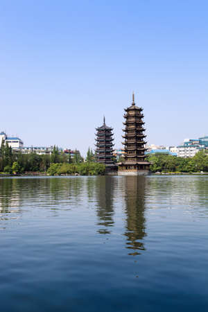 sun and moon pagodas in guilin,Chinaの写真素材