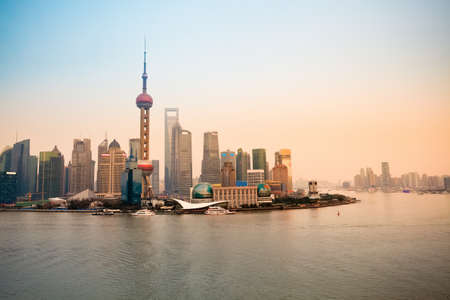 shanghai lujiazui finance and trade zone skyline at duskのeditorial素材