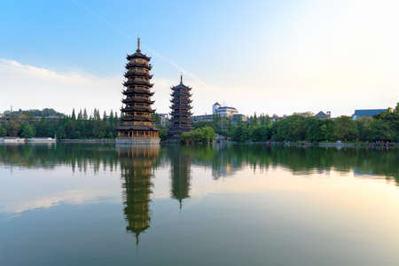 twin pagodas in banyan lake,guilin, Chinaの写真素材