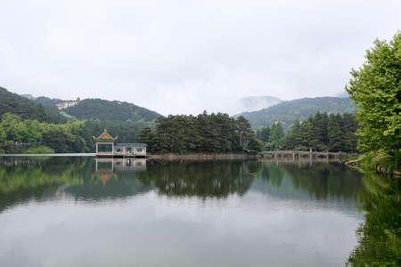 tranquil scenery,pavilion and bridge on the lake in Mount  Lu,Chinaの写真素材