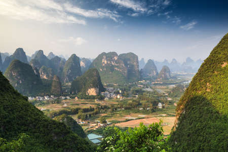 beautiful karst mountain landscape in guilin ,aerial view from yangshuo moon hillの写真素材