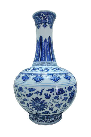 blue and white with lotus scroll glazed vase isolated on whiteの写真素材