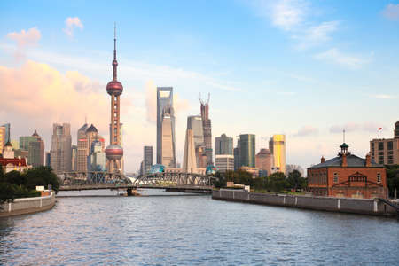 beautiful views of shanghai from suzhou river at duskの写真素材