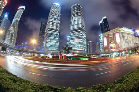 night scene of shanghai lujiazui finance and trade zone,fish-eye view 
