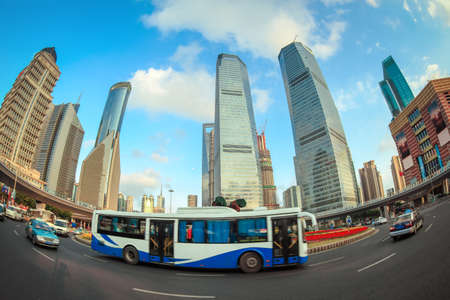 modern city street scene in shanghai with fish-eye view 