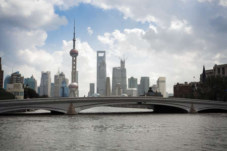 shanghai skyline on the suzhou river at daytime,Chinaの写真素材