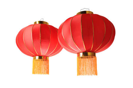red lantern isolated on white with clipping pathの写真素材
