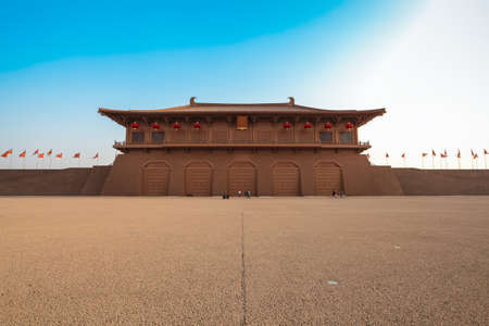 city tower of daming palace heritage park at dusk,xian,Chinaのeditorial素材