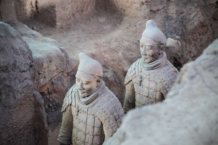 closeup of two terra cotta warriors in the pit,xian,Chinaのeditorial素材