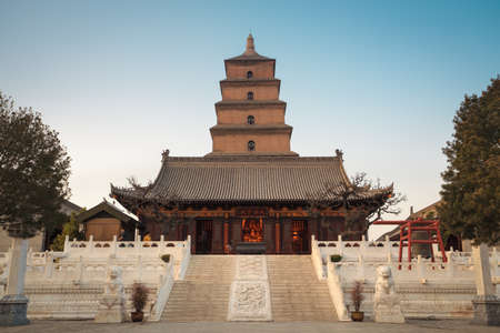 the great buddhaâs hall with giant wild goose pagoda at dusk ,Xian, China  AD 652 のeditorial素材