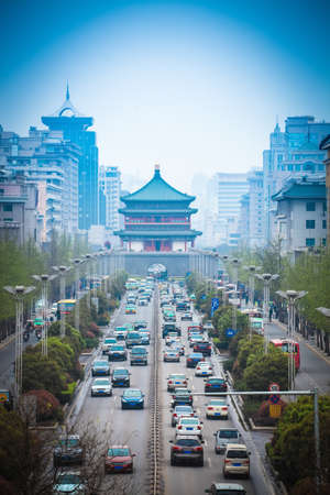 the street scene of xian,bell tower in the center of ancient city,Chinaの写真素材