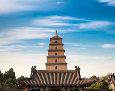 wild goose pagoda against a blue sky in Asian ,China.のeditorial素材