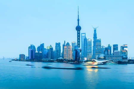 shanghai pudong panorama in nightfall , Chinaのeditorial素材