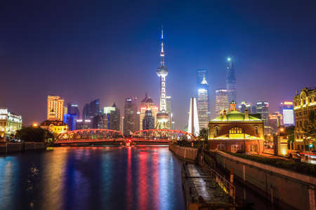 beautiful night view of shanghai skyline in suzhou riverside ,China.のeditorial素材