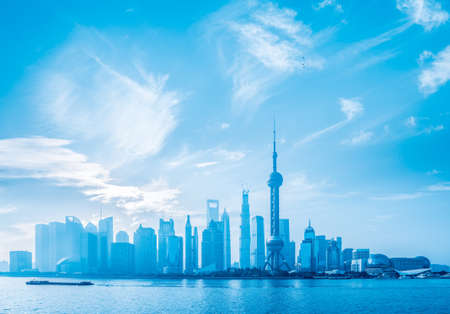 shanghai skyline with blue tone , China の写真素材