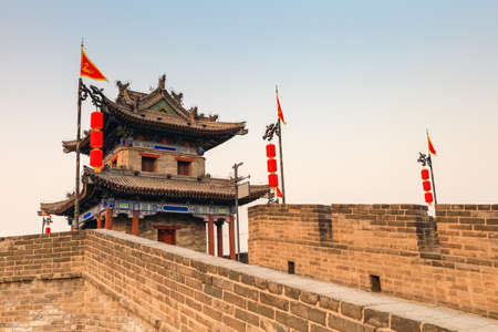 ancient turret closeup, xian city wall at dusk,China