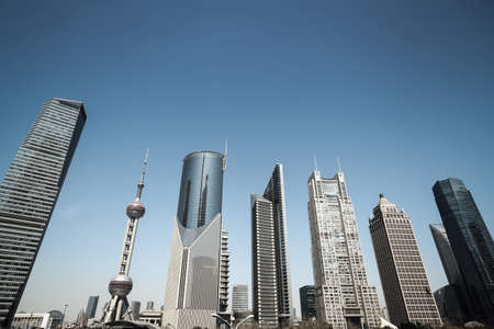 shanghai financial center skyline against a blue sky ,Chinaのeditorial素材