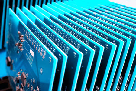blue communication circuit board closeup in a server room
