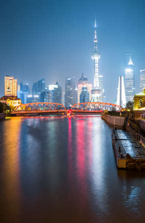 night scene of shanghai skyline with the garden bridge のeditorial素材