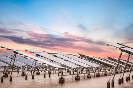 solar power panels in sunsetの写真素材