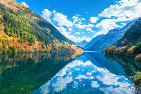 beautiful rhino lake in autumn jiuzhaigou valley national park , Chinaの写真素材