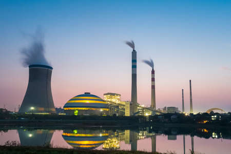 coal power plant in nightfall , industry landscapeのeditorial素材
