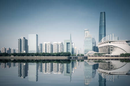 Guangzhou skyline with reflection, beautiful pearl river new town ,Chinaのeditorial素材