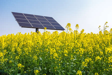 solar panels over spring landscape , rape flowers were yellowing the fieldsの写真素材
