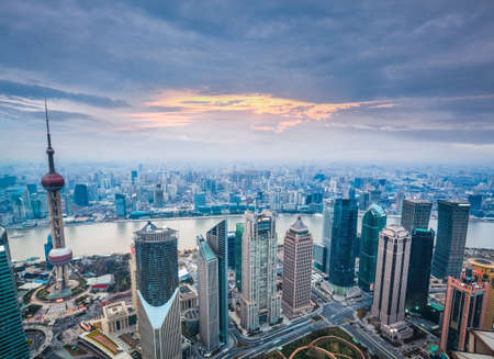 a bird's eye view of shanghai at dusk, charming modern cityのeditorial素材
