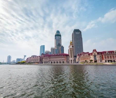 Jinwan plaza in the Tianjin cityscape, beautiful waterfront cityの写真素材