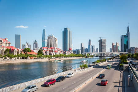 skyline and city road in tianjinの写真素材