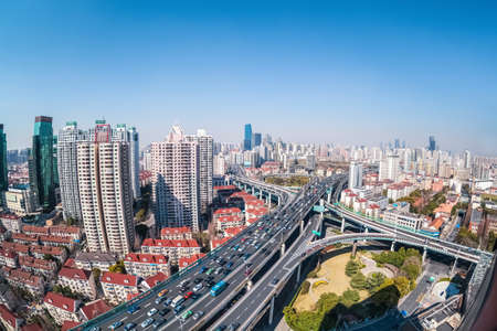 city highway interchange in shanghai with fish-eye viewの写真素材