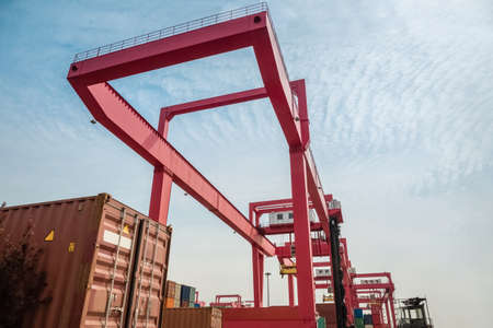 container freight yard with gantry crane , port machinery close up