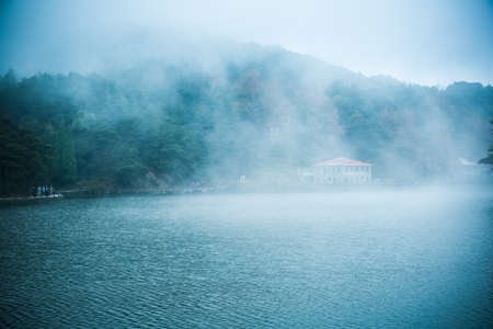 mist and cloud on the lake, beautiful lushan mountain scenery, Chinaの写真素材