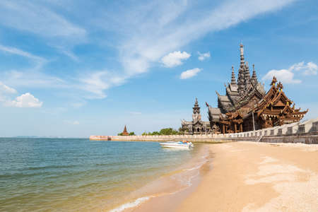 the sanctuary of truth on the seashore in pattaya,  thailand.の写真素材