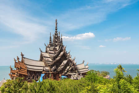 the sanctuary of truth in pattaya, a gigantic wooden construction, thailand.の写真素材