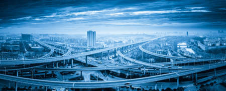 panoramic view of interchange overpass bridge in nanjing, blue toneのeditorial素材