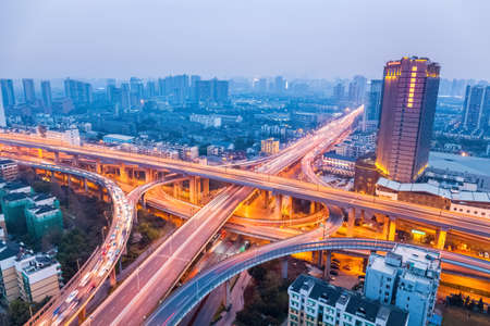 city highway overpass in hangzhou ,  bright lights and traffic.のeditorial素材