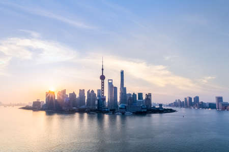 shanghai skyline and huangpu river in sunup , charming metropolitan backgroundの写真素材
