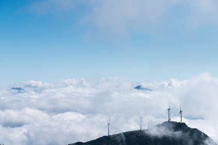 inland wind farm with the sea of clouds on jiugong mountain ,hubei province,China