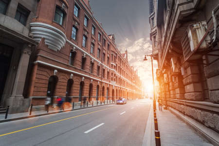old shanghai at dusk ,the street scene of excellent historical buildings in the bund,Chinaのeditorial素材