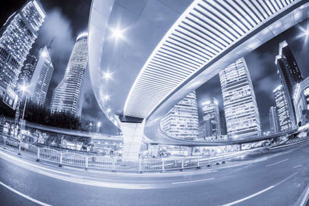 shanghai cityscape at night ,fisheye view , blue toneの写真素材