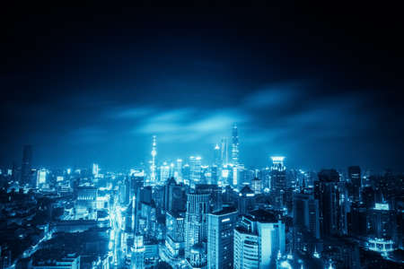 shanghai in late night with blue tone, high angle view